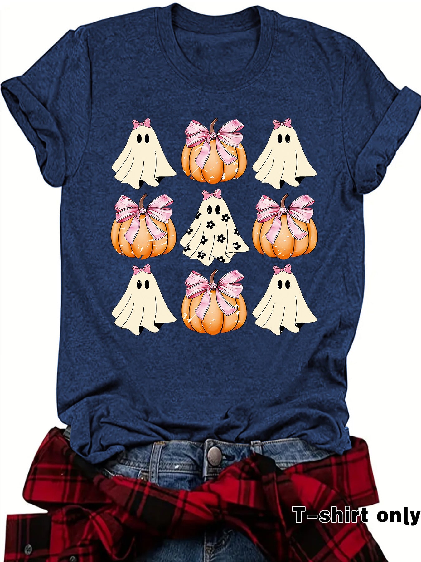 Woman wearing Funny Coquette Bow Pumpkin T-Shirt in a casual setting