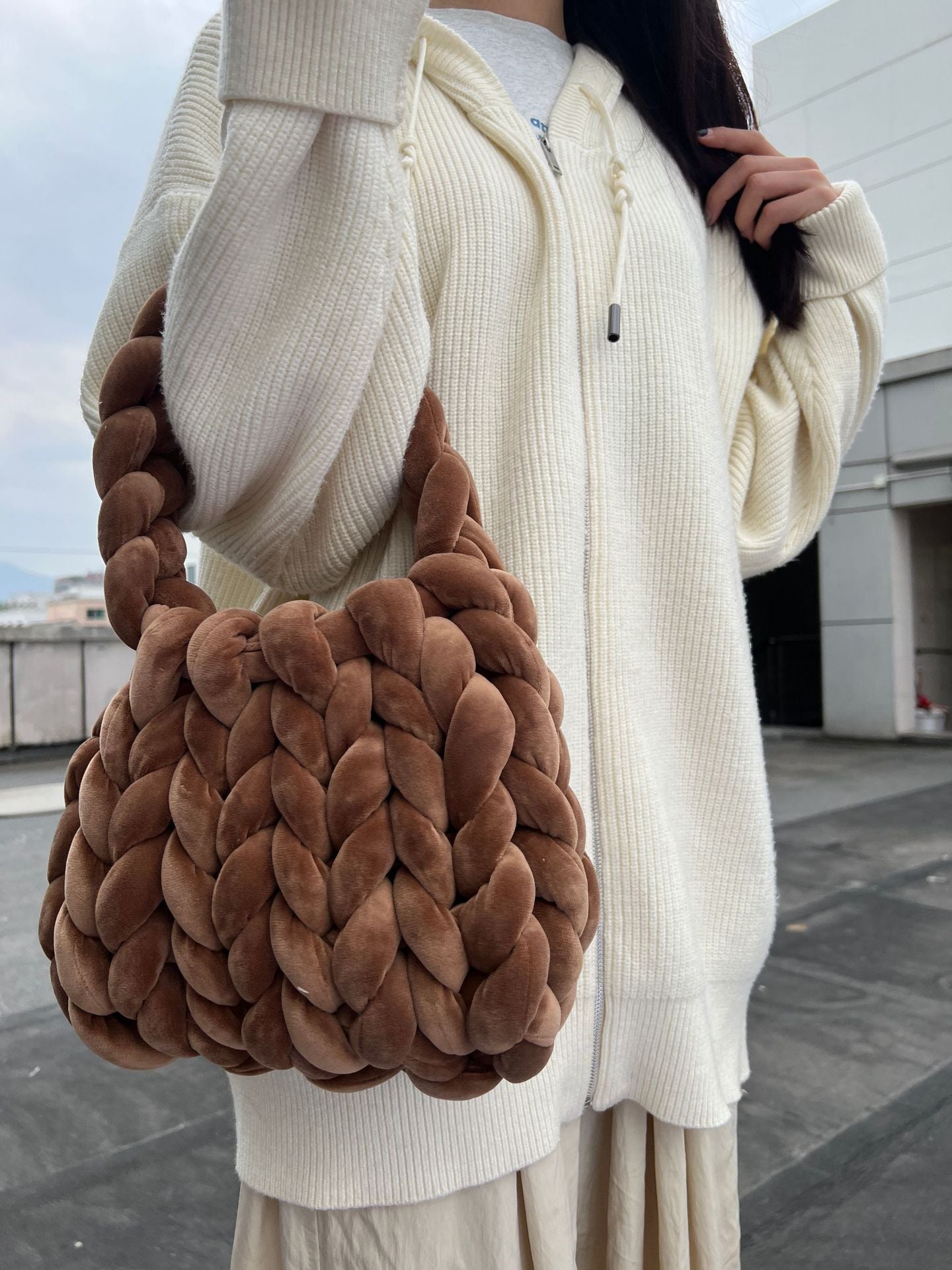 Women's DIY Hand-Woven Crystal Velvet Crossbody Shoulder Bag – Model View | TajStylo