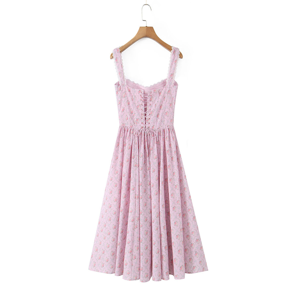 Lace Trimmed Printed Waist-Cinched Midi Dress | Tajstylo