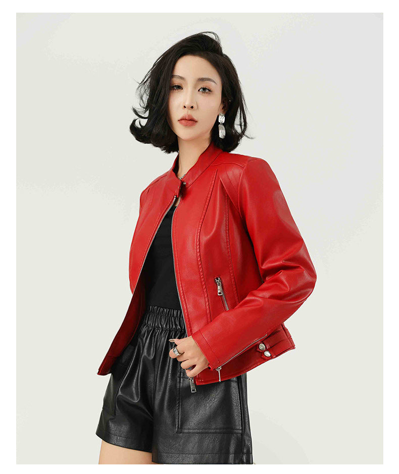 Woman wearing standing collar short jacket in a casual setting