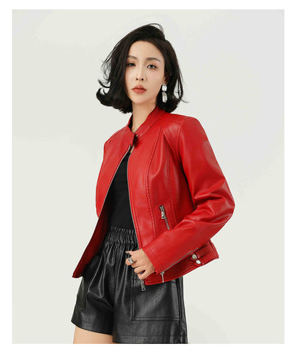 Woman wearing standing collar short jacket in a casual setting