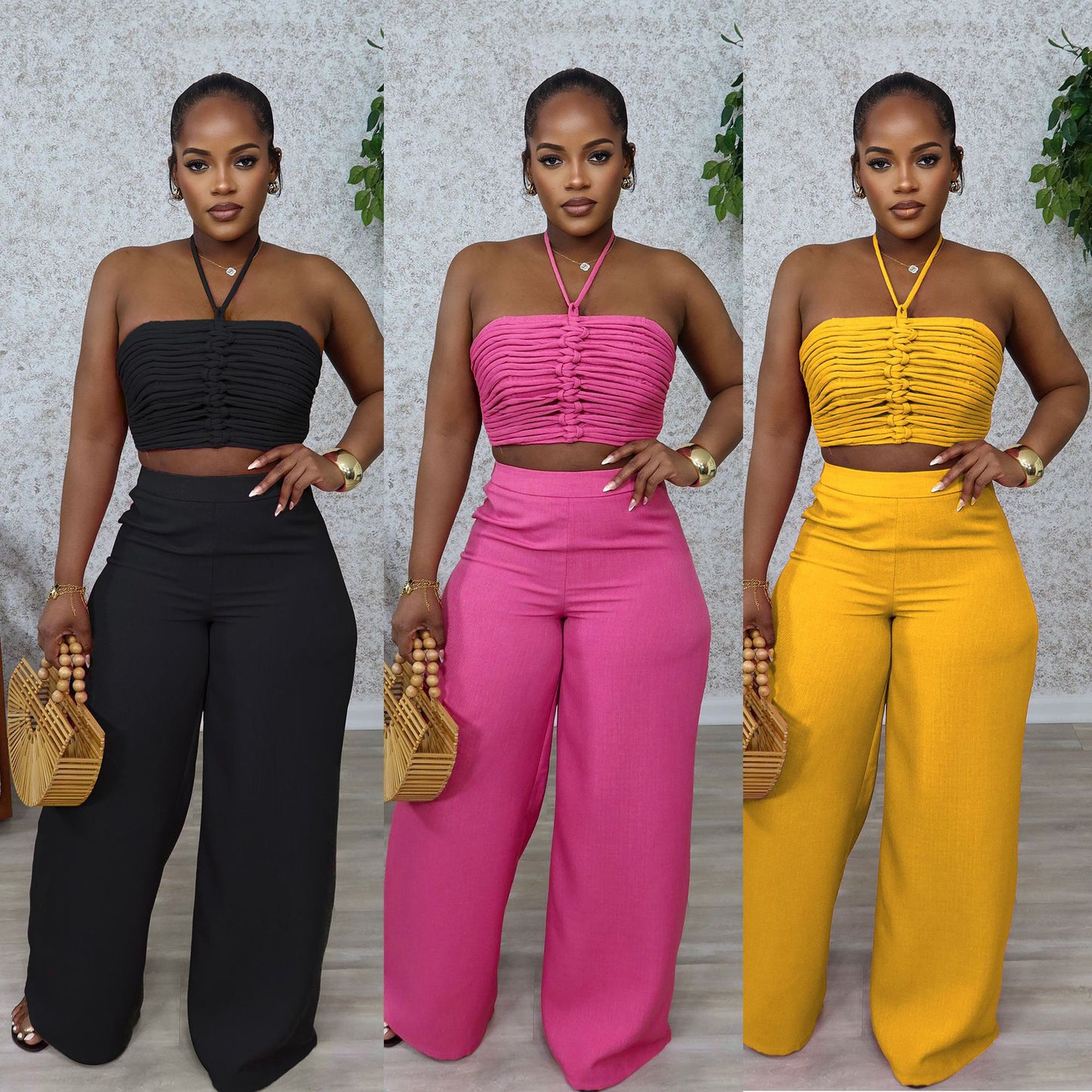 Drawstring Tie-Up Top and High Waist Loose Long Pants Set | Tajstylo
