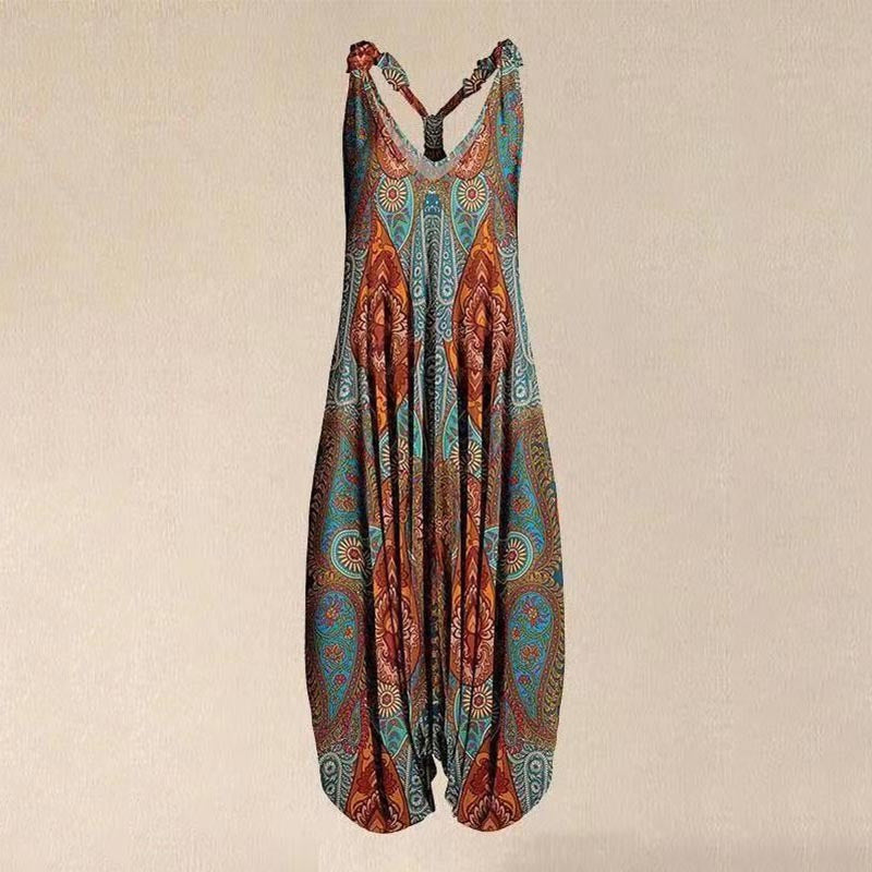 Woman wearing Printed Sleeveless Loose Knit Overalls in a city setting