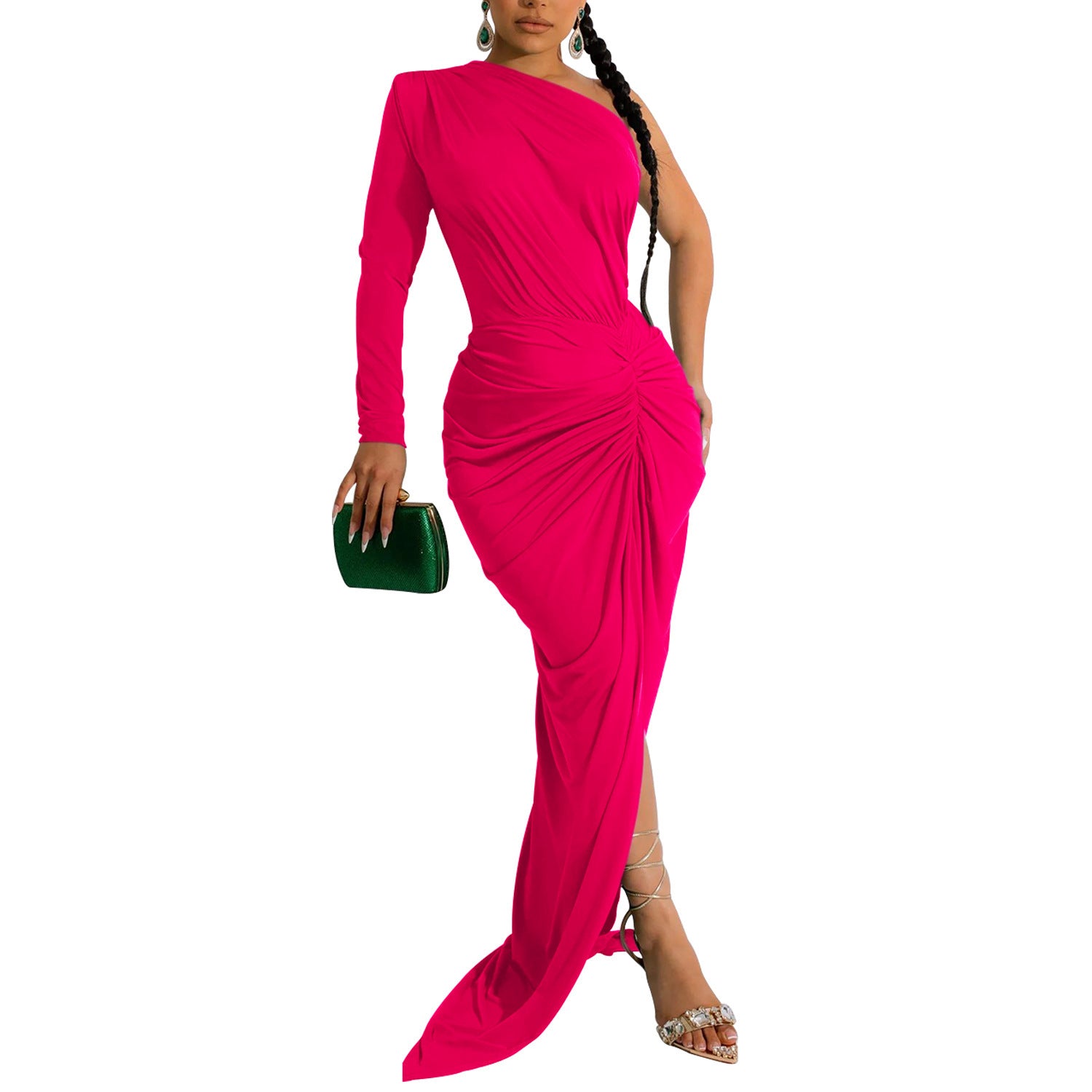 Woman wearing Asymmetric Neck Single Long Sleeve Maxi Dress in a stylish setting