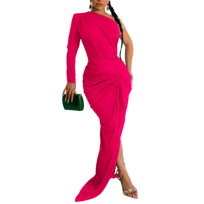 Woman wearing Asymmetric Neck Single Long Sleeve Maxi Dress in a stylish setting