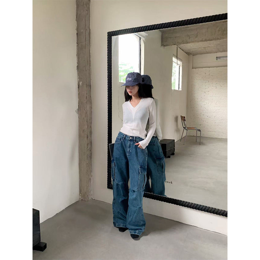 Woman wearing Street Style Cargo Denim Pants in an urban setting