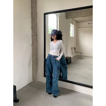 Woman wearing Street Style Cargo Denim Pants in an urban setting