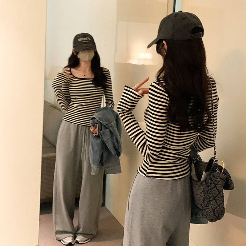 Woman wearing Square Neck Stripe Slim Fit Long Sleeve Top in a casual setting