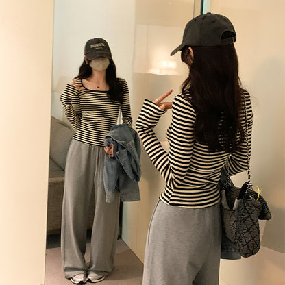 Woman wearing Square Neck Stripe Slim Fit Long Sleeve Top in a casual setting