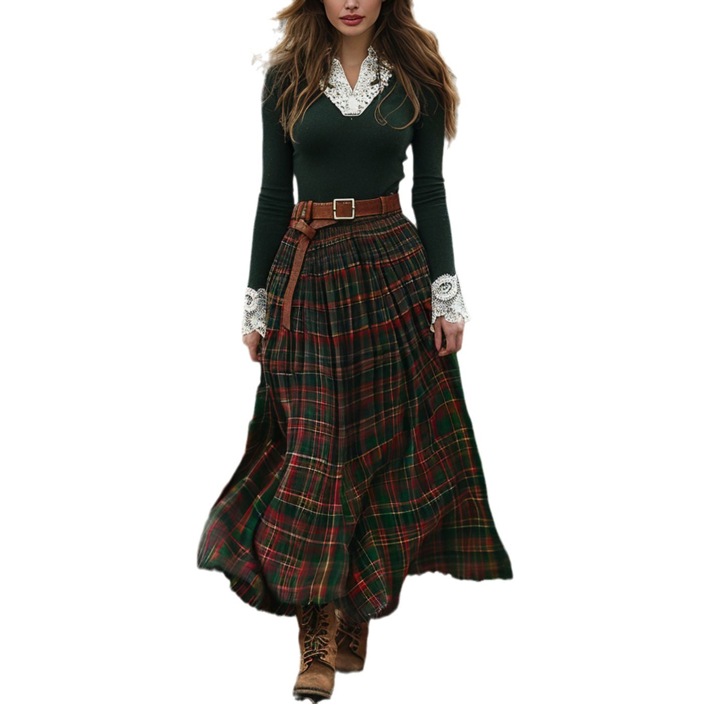 Woman wearing Green Plaid Maxi Dress in a countryside setting