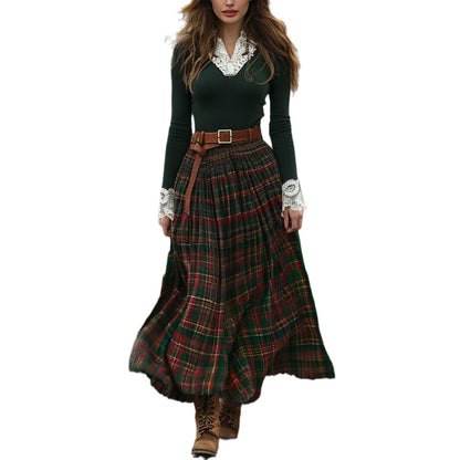 Woman wearing Green Plaid Maxi Dress in a countryside setting