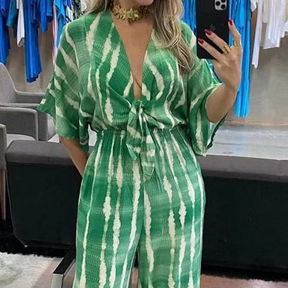 Printed V-Neck Straight Leg Jumpsuit | Tajstylo