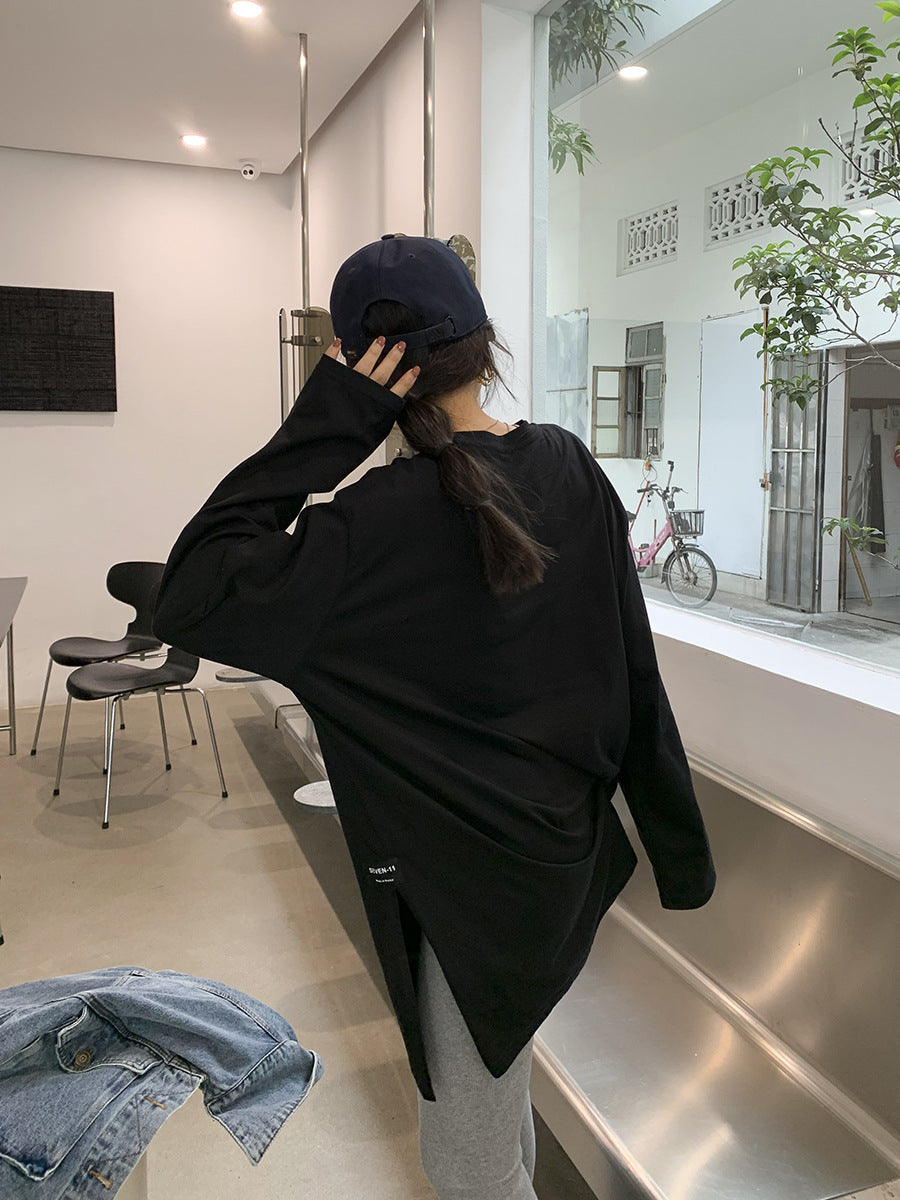 Solid Color Side Slit Long Sleeve T-Shirt | Tajstylo