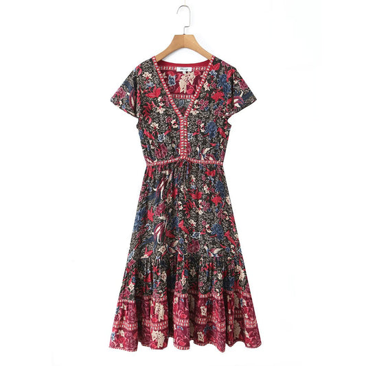 A-Line V-Neck Printed Midi Dress | Tajstylo