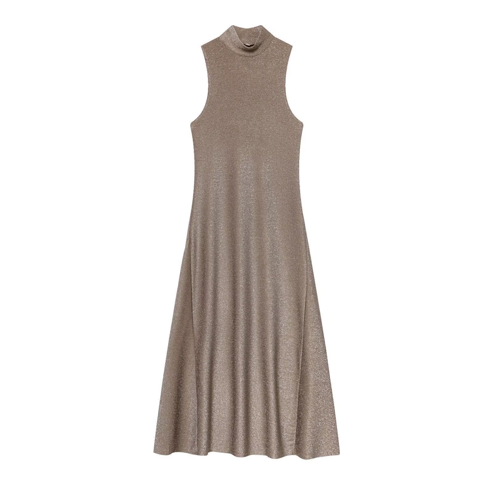 Woman wearing metallic sleeveless dress in a casual setting
