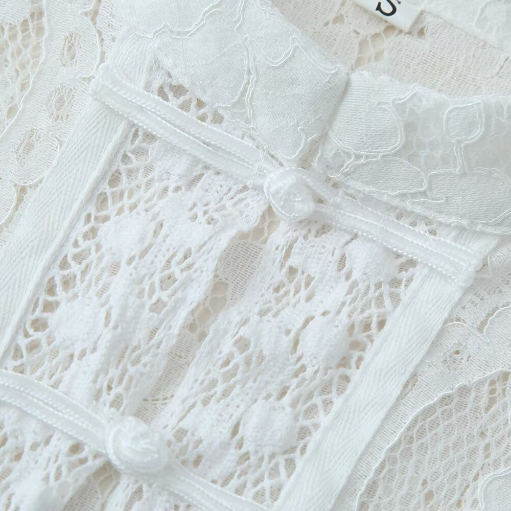 Buckle Embellished Lace Crochet Stand Collar Slim Fit Shirt | Tajstylo