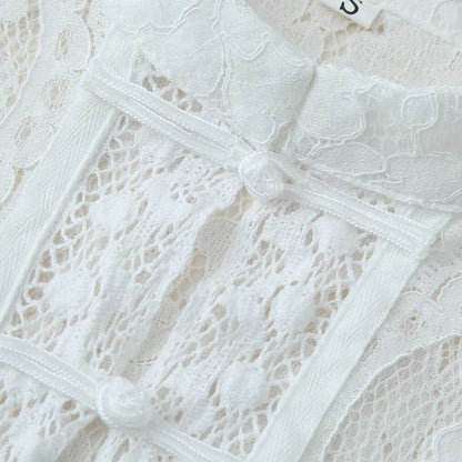 Buckle Embellished Lace Crochet Stand Collar Slim Fit Shirt | Tajstylo