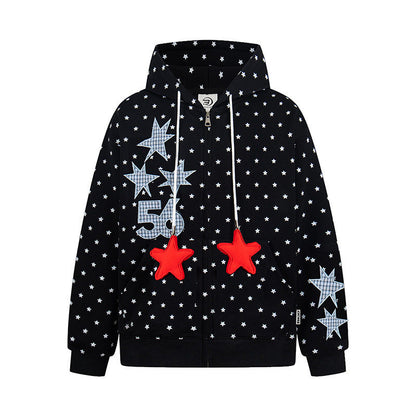 Woman wearing Geometric Print Zip-Up Hoodie in a casual urban setting