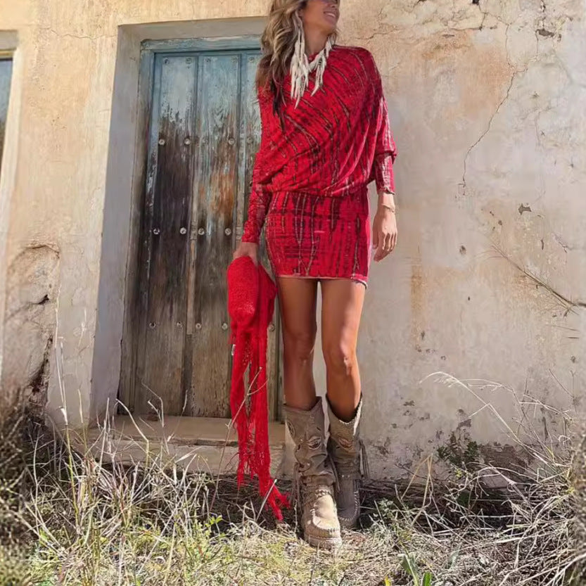Woman wearing One-Shoulder Batwing Sleeve Bodycon Mini Dress in a vibrant setting