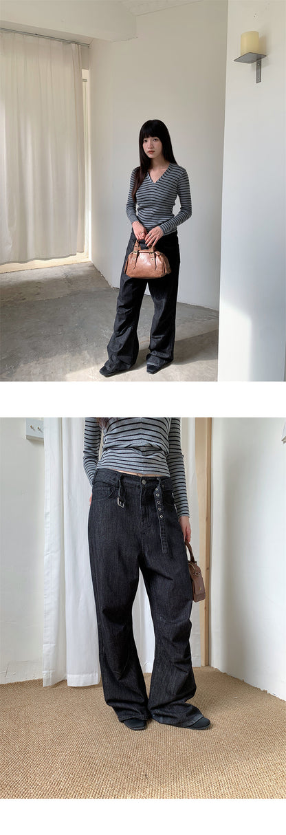 Raw Denim Faux Belted Straight Leg Jeans | Tajstylo