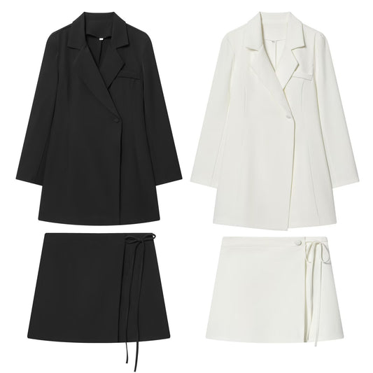 Woman wearing Fitted Suit Dress Wrap Waist A-Line Mini Skirt in a stylish setting
