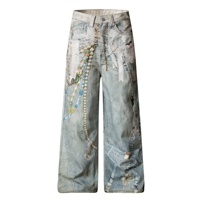 Woman wearing 3D Digital Printed Chain Wide Leg Denim Pants in an urban setting