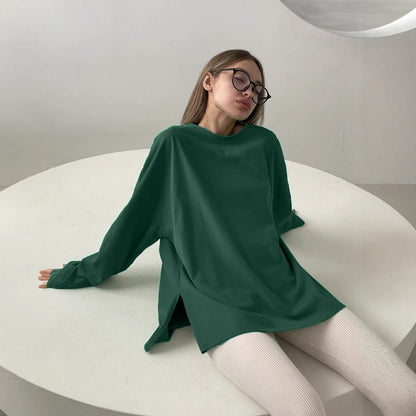 Woman wearing Loose Fit Long Sleeve Slit T-Shirt in a casual setting