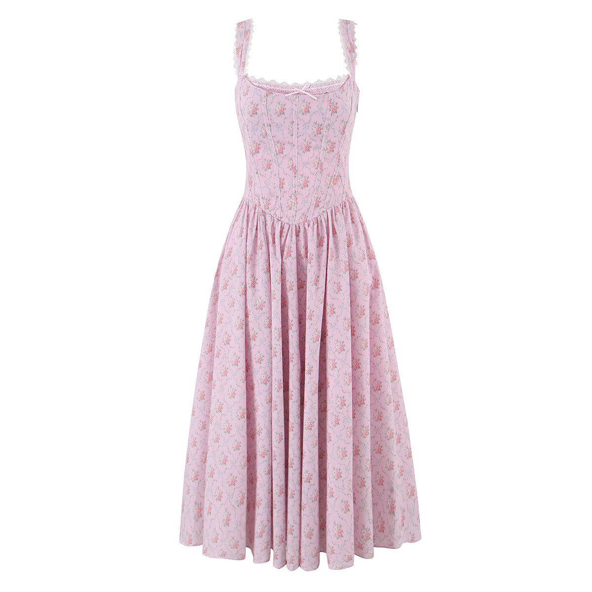Woman wearing Lace Trimmed Printed Waist-Cinched Midi Dress in a garden setting