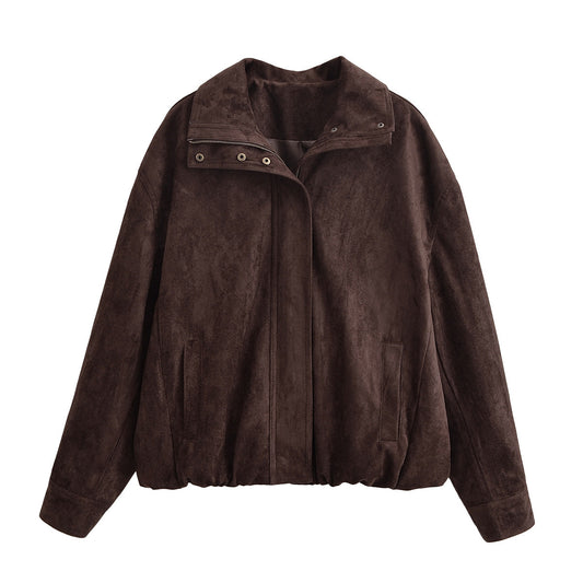 Woman wearing Women Suede Collar Jacket in autumn setting