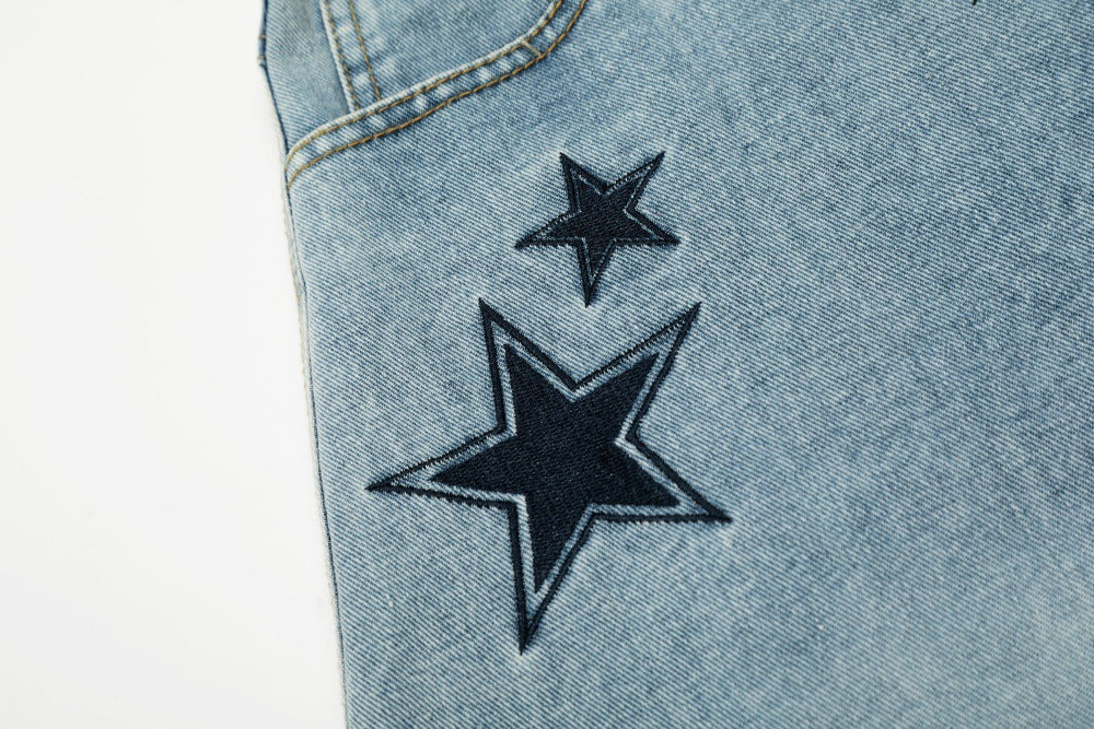 Five Pointed Star Embroidered Denim Cargo Pants | Tajstylo