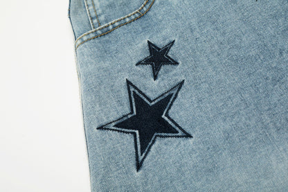 Five Pointed Star Embroidered Denim Cargo Pants | Tajstylo