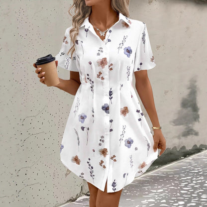 Woman wearing Printed Blouse Dress in a sunny outdoor setting
