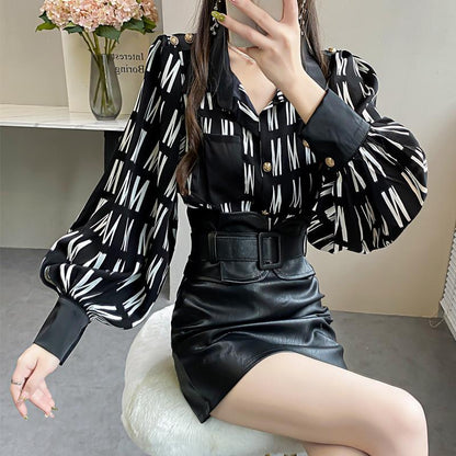 Woman wearing Office Lady Turn Down Collar Blouse in a professional setting