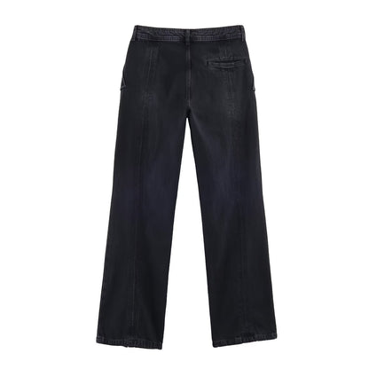Woman wearing Mid Waist Wide Leg Zipper Jeans in a casual setting