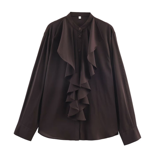 Woman wearing Dark Coffee Ruffle Long Sleeve Shirt Top in a stylish setting