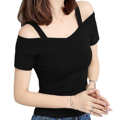 Woman wearing One Shoulder Sleeveless T Shirt in a city setting