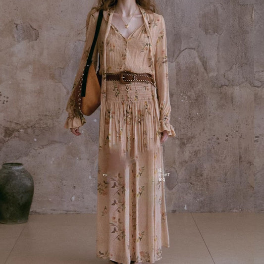 V-Neck Floral Gathered Maxi Dress | Tajstylo