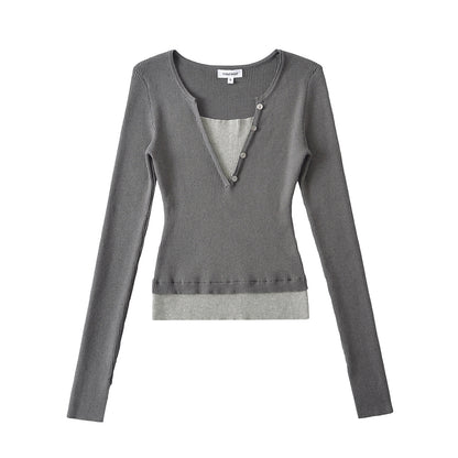 Woman wearing Color Block Boat Neck Long Sleeve T-Shirt in a casual office setting