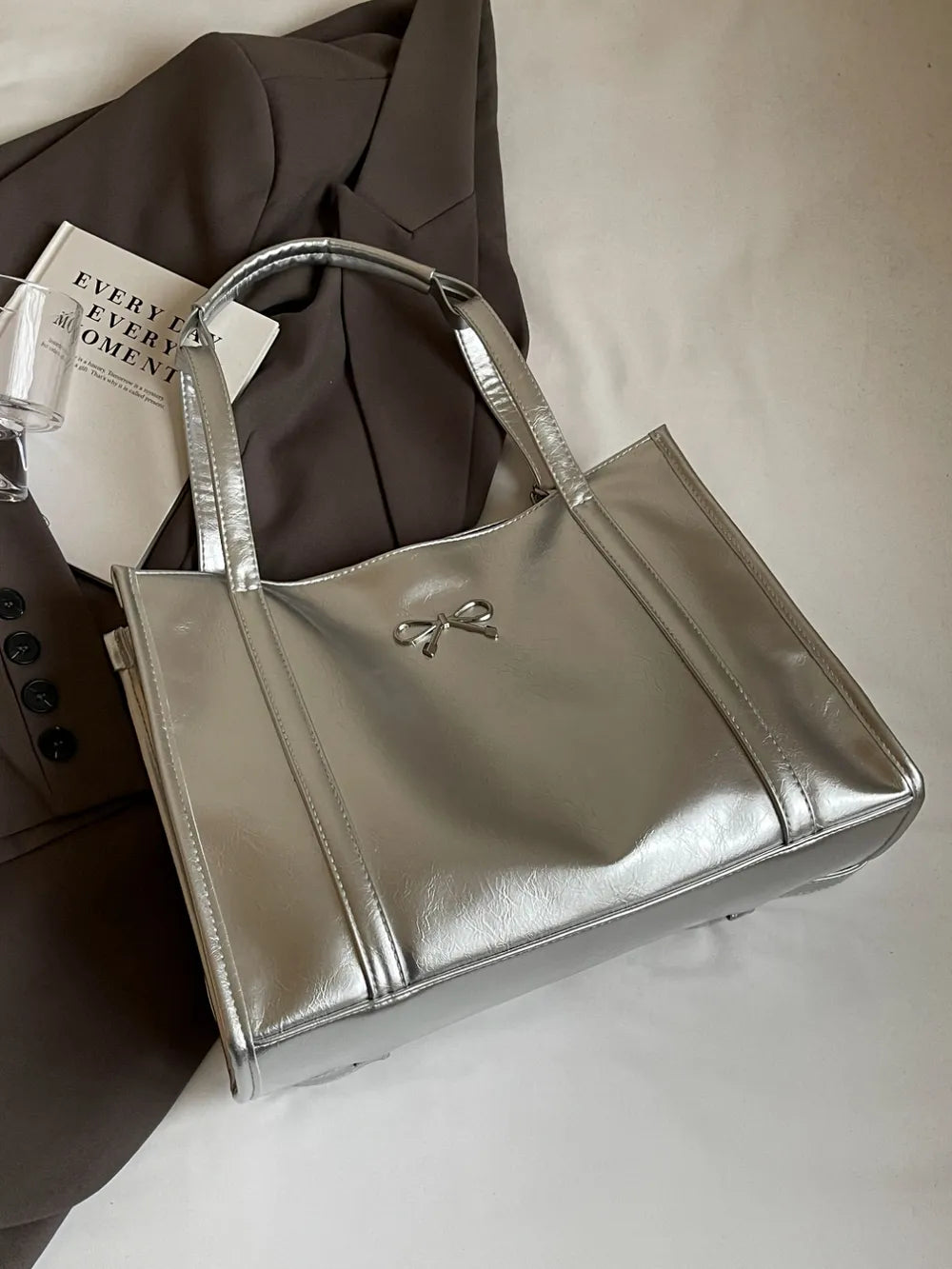 Women's PU Leather Bow Detail Adjustable Zipper Shoulder Bag – Model View | TajStylo