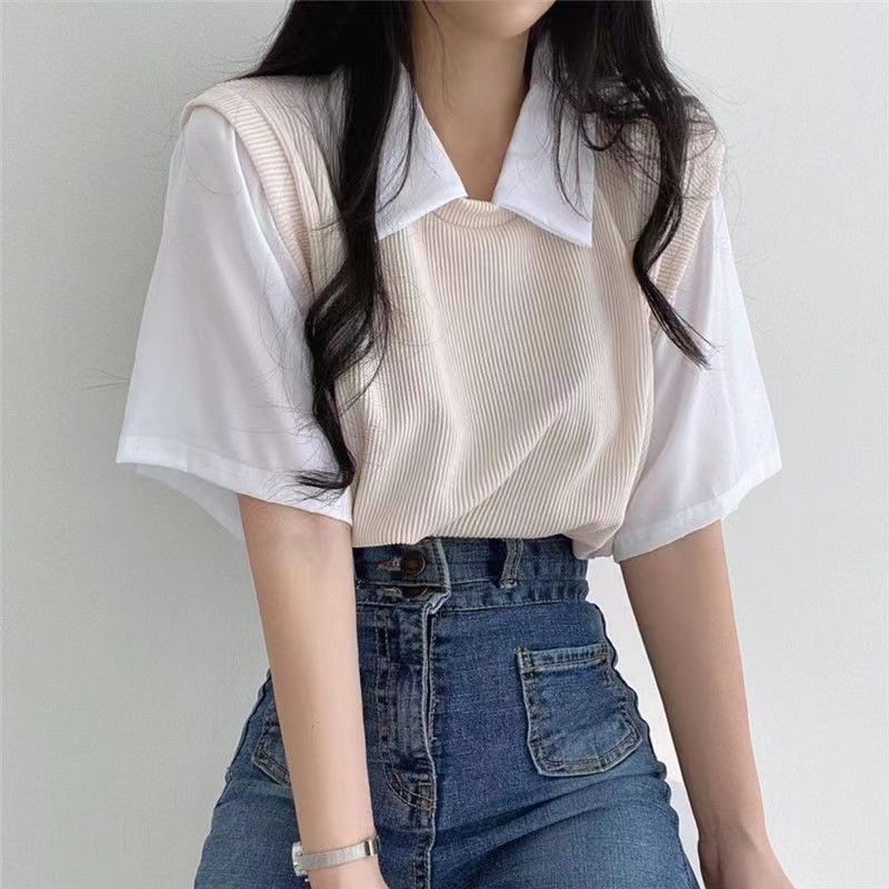 Woman wearing Two Tone Polo Neck Short Sleeve Top in a casual setting