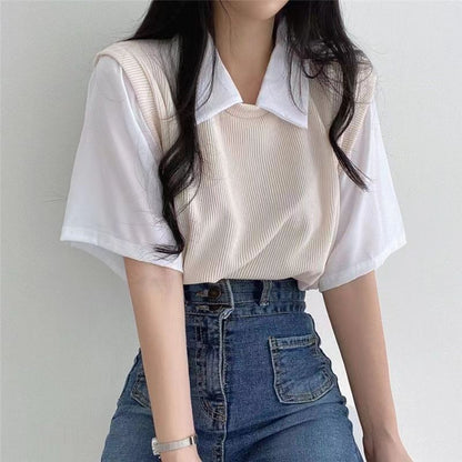 Woman wearing Two Tone Polo Neck Short Sleeve Top in a casual setting