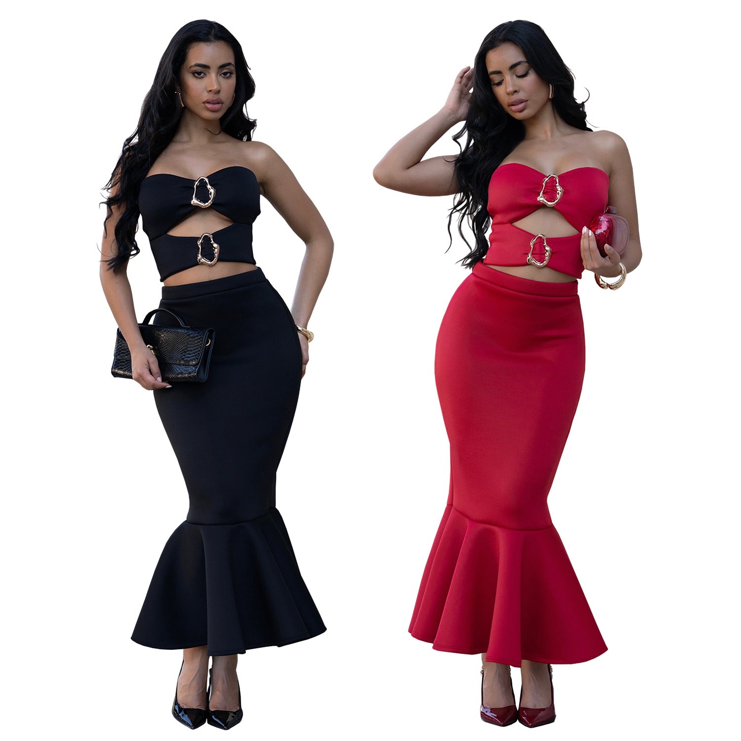 Woman wearing Strapless Lace Trim Top and Bodycon Skirt Set in an elegant evening setting