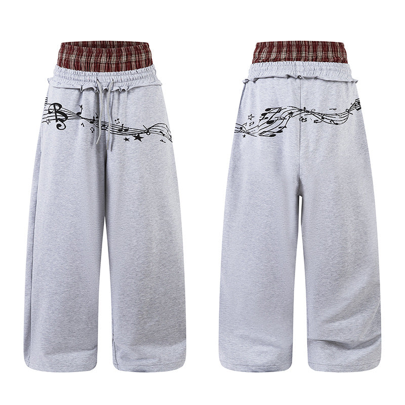 Double Waistband Music Note Graffiti Wide Leg Pants | Tajstylo
