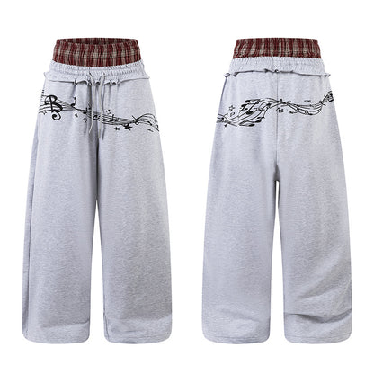 Double Waistband Music Note Graffiti Wide Leg Pants | Tajstylo