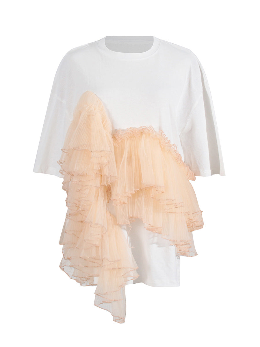 Woman wearing Cotton Mesh Patchwork Loose O Neck Short Sleeve T Shirt in a casual setting