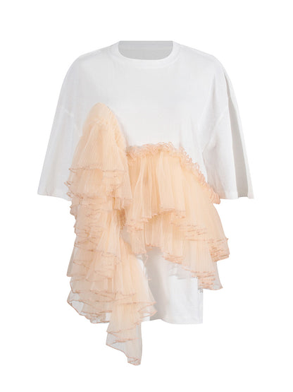 Woman wearing Cotton Mesh Patchwork Loose O Neck Short Sleeve T Shirt in a casual setting