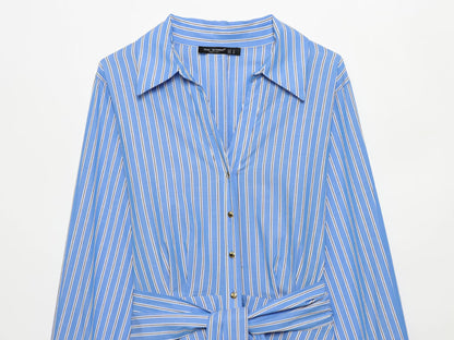 Elegant Stripe Polo Collar Long Sleeve Dress | Tajstylo