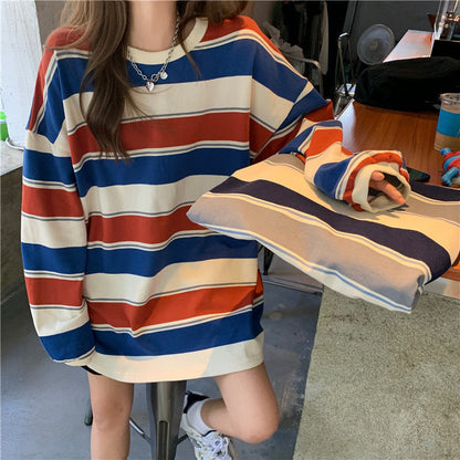 Casual Loose Stripe Long Sleeve T-Shirt | Tajstylo