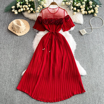 3D Floral Tie-Waist A-Line Dress | Tajstylo