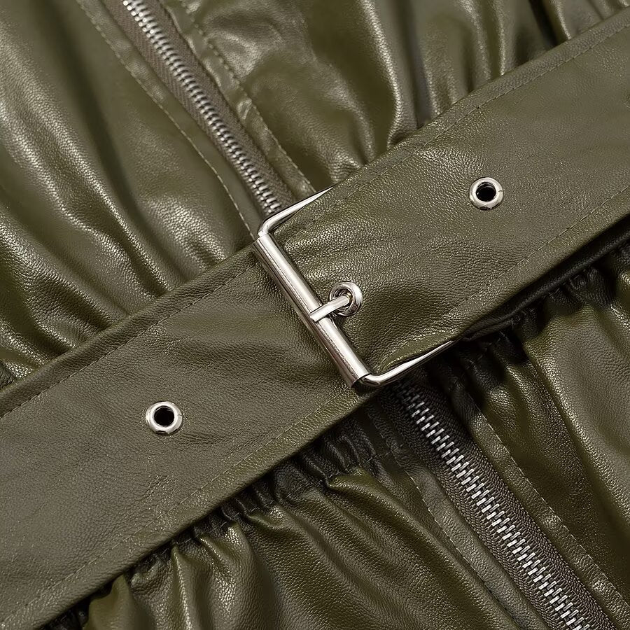 Street Elastic Waistband Faux Leather Jacket | Tajstylo